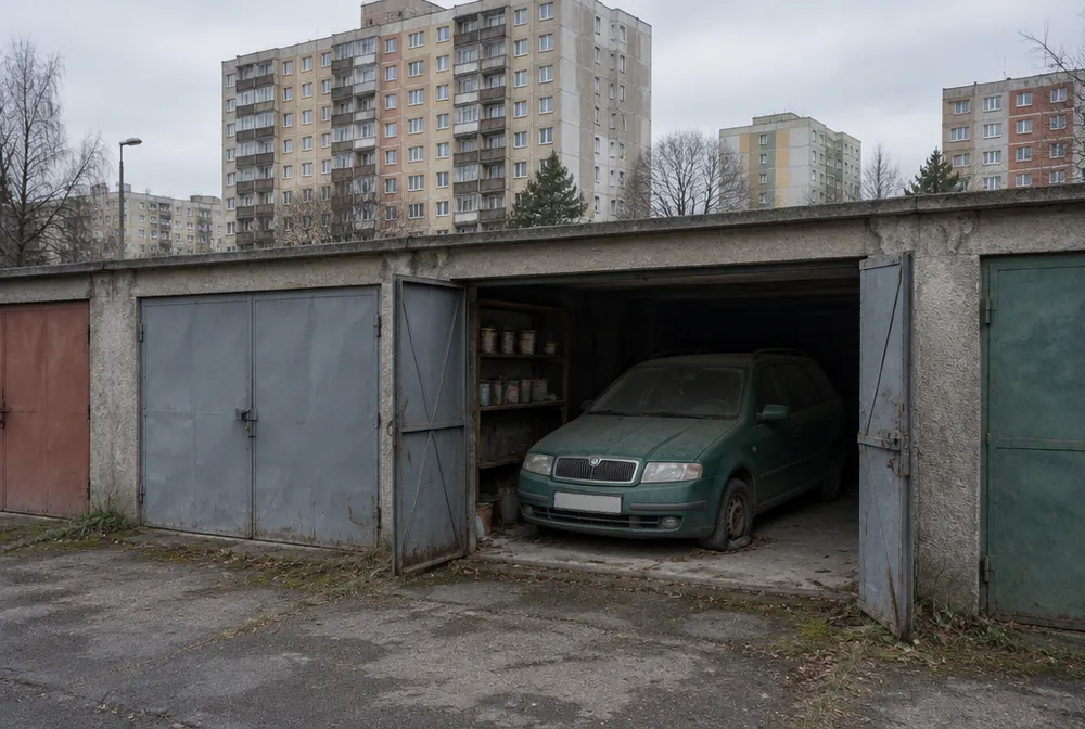 Zaprášená Škoda Fabia combi stojí v řadové garáži pod paneláky v Bohnicích
